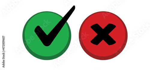 Check mark choice icons. Tick and x, confirm and deny circle icon button. Checkbox button for choose, circle answer box for checklist, approval sign.