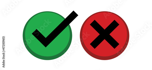 Check mark choice icons. Tick and x, confirm and deny circle icon button. Checkbox button for choose, circle answer box for checklist, approval sign.