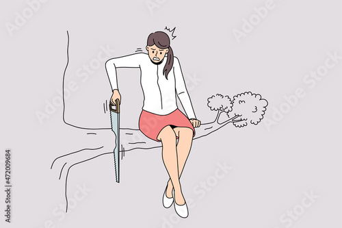 Unhappy young businesswoman sit on tree cut branch she sitting on. Distressed female employee involved in risky business project, feel trapped with idea. Work stress concept. Vector illustration. 