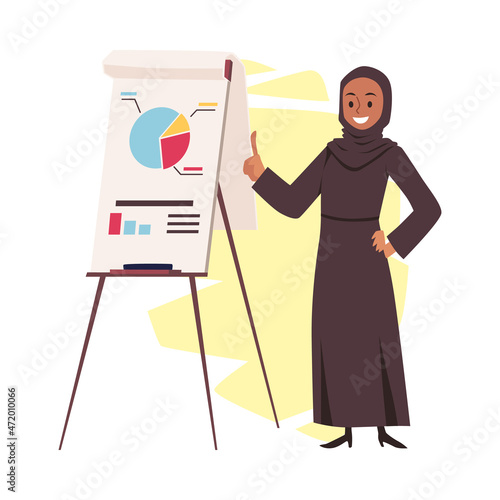 Arab muslim business woman presenter or analyst, vector illustration isolated.