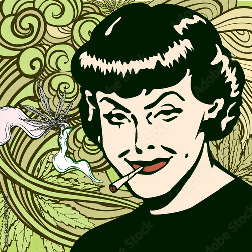 Woman retro portrait. Girl cannabis smoker.