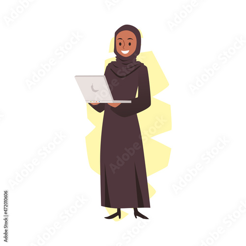 Muslim business woman in hijab with laptop, flat vector illustration isolated.