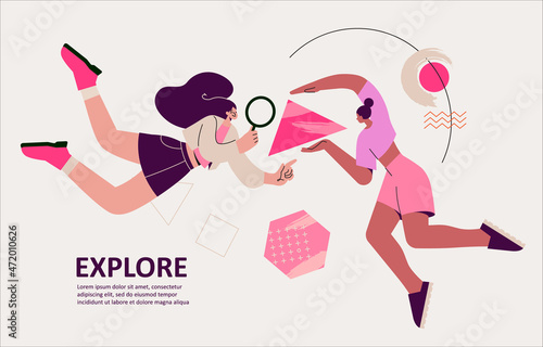 Young woman look through magnifying glass, looking for growth and opportunity. Explore new spheres, business growth, successful strategies search. Startup concept, landing web page. Creative trendy