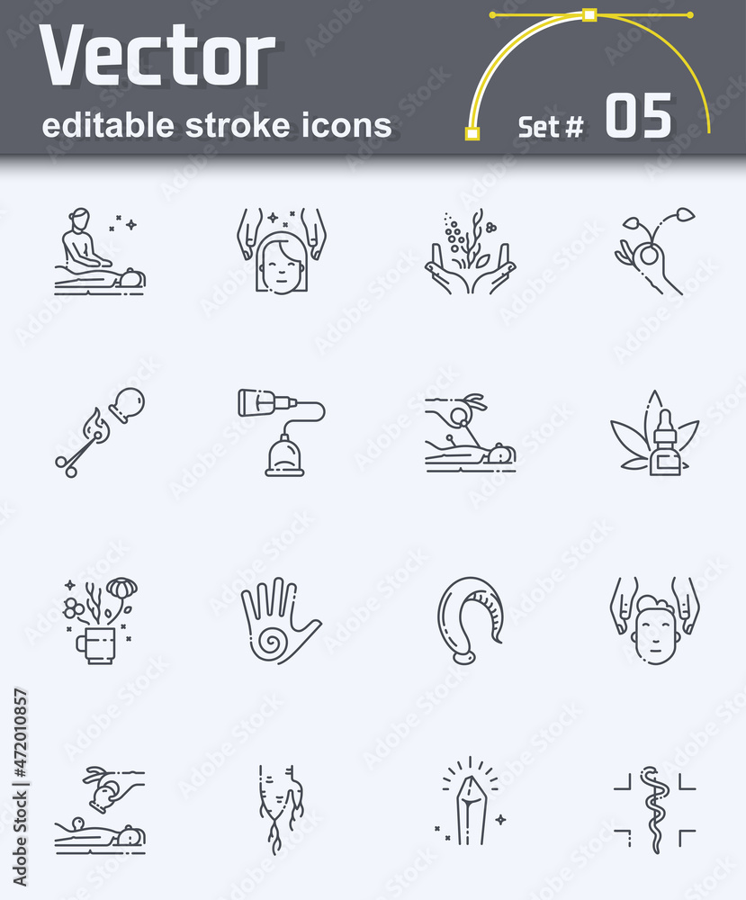 Set of vector alternative health care line icons. editable stroke