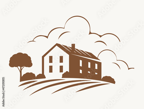 Farmhouse with trees, bushes retro emblem © natova