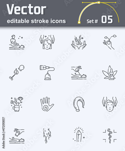 Set of vector alternative health care line icons. editable stroke