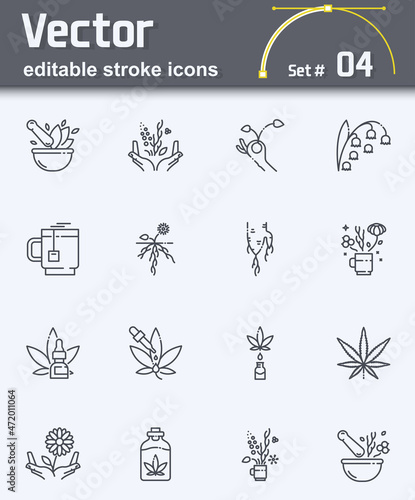 Set of vector phytotherapy amd medical herbs line icons. Editable stroke