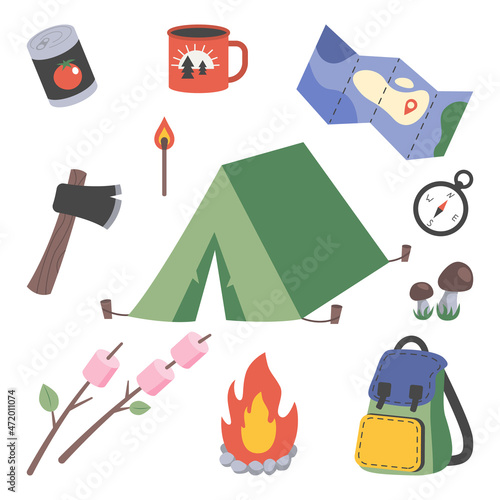 Camping and hiking set. Tourist items for vacation. Outdoor activity. Tent and bonfire. Isolated flat vector illustration.