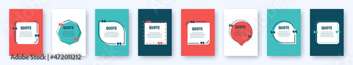 Set of colorful banners with quote frames. Speech bubbles with quotation marks. Blank text box and quotes. Blog post template. Vector illustration.