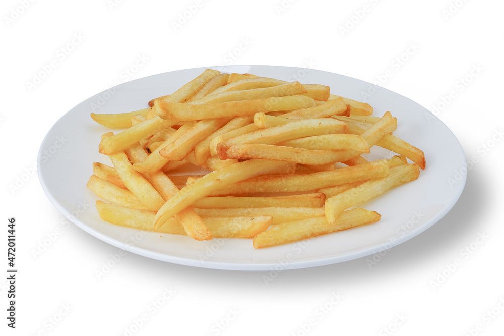 Plate of french fries on white background with clipping path Plate of french fries on white background with clipping path