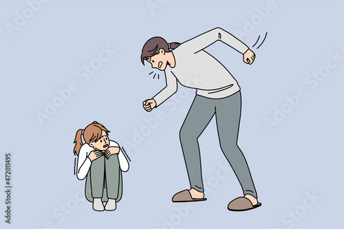 Angry mother shout yell at scared little daughter feel unprotected in family. Furious mad aggressive mom scream at stressed girl child. Psychological abuse, domestic violence. Vector illustration. 