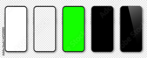 Realistic smartphone with blank touch screen and green chroma key background. Frameless mobile phone in front view. High quality detailed device mockup. Screen backdrop template. Vector illustration.