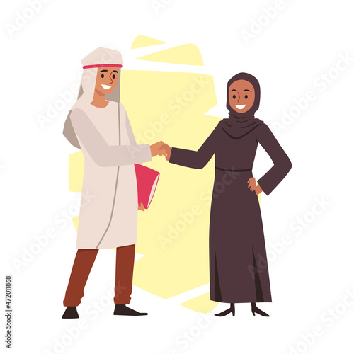 Muslim business men and woman shaking hands, flat vector illustration isolated on white background.