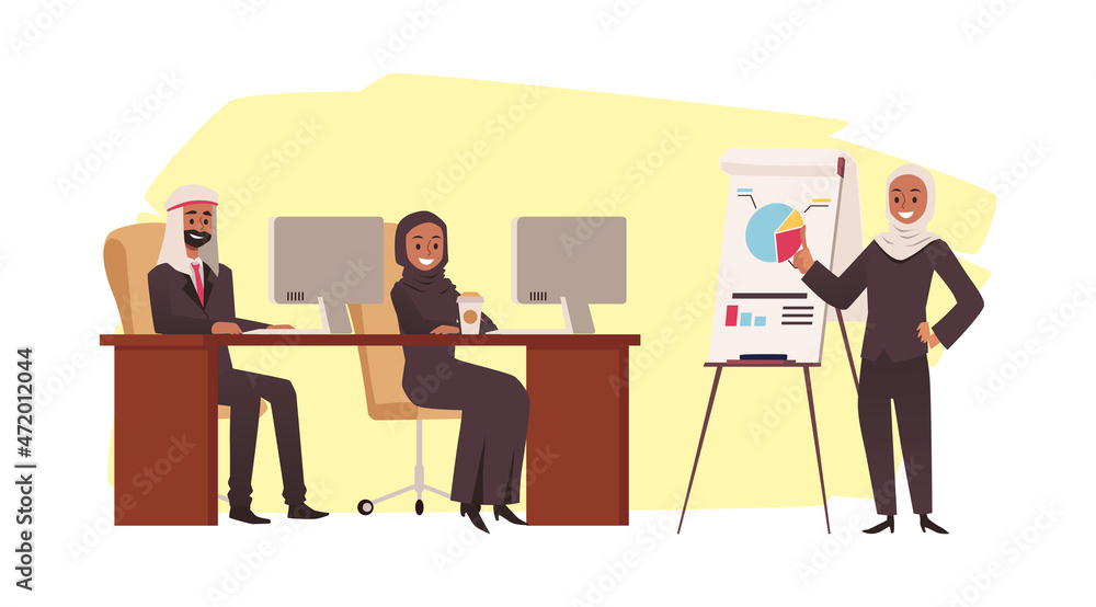 Muslim business men and women at presentation together, vector illustration. Muslim business men and women at presentation together, vector illustration.