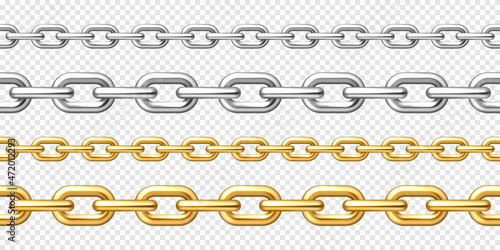Realistic seamless golden and silver chains on checkered background. Metal chain with shiny gold plated links. Vector illustration.