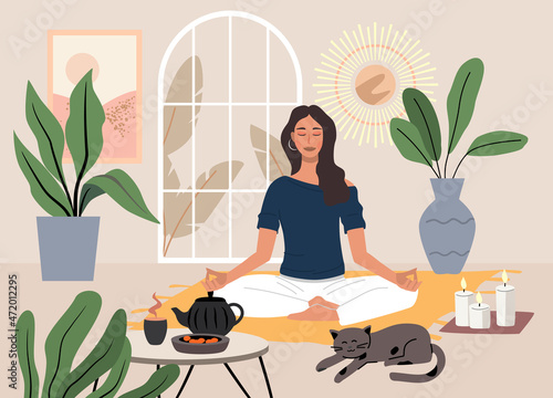 Young woman doing yoga exercises and practicing meditation vector. Female character in home interior