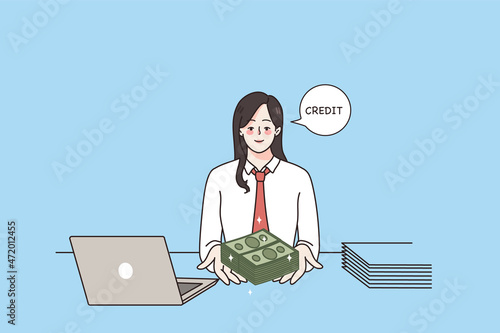 Credit approval and finance concept. Smiling woman bank worker sitting at laptop and giving money credit to client looking at camera vector illustration 