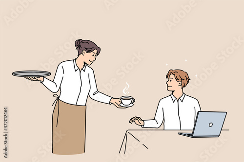 Smiling waitress serving coffee to male client in coffeeshop. Happy guy customer sit indoors in coffee shop get hot cappuccino drink from barista. Good quality service concept. Vector illustration. 