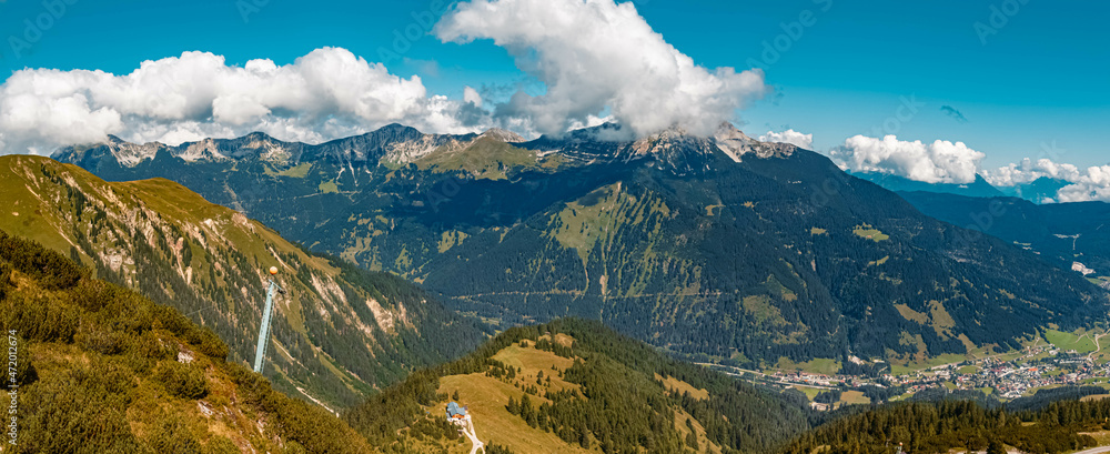 High resolution panorama of an alpine summer view at the Grubigstein summit near Lermoos, Tyrol, Austria