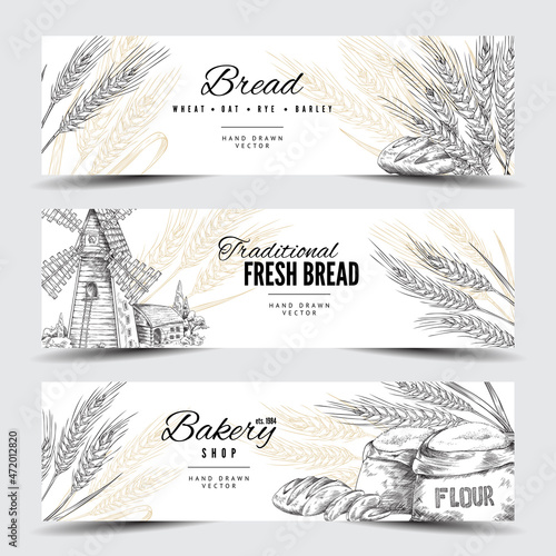 Horizontal banners with spikelets, bread, flour, mill for bakery decoration