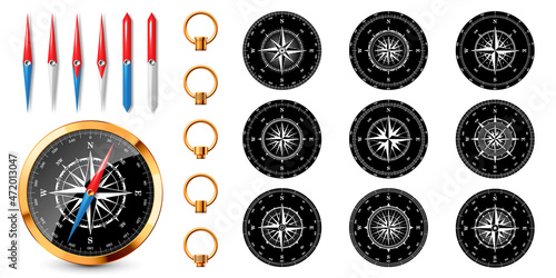 Realistic golden vintage compass with marine wind rose and cardinal directions of North, East, South, West. Shiny metal navigational compass. Cartography and navigation. Vector illustration.