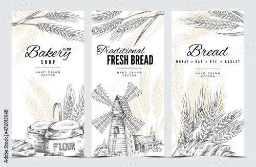 Vertical vintage banners for bakery design in sketch vector illustration