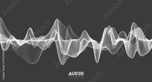 3d audio soundwave. White music pulse oscillation. Glowing impulse pattern