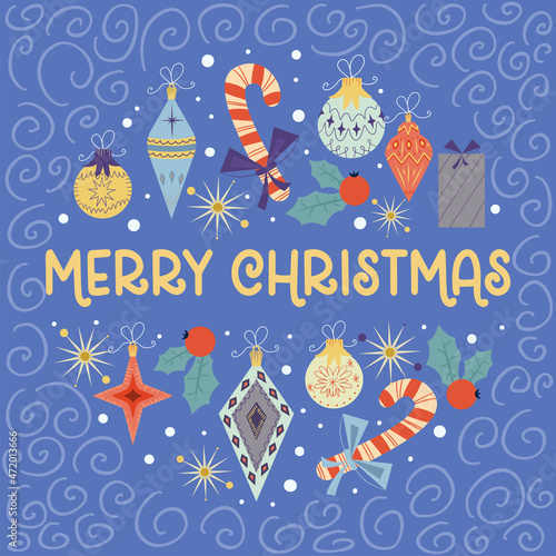 Christmas round vintage design with Merry Christmas text.Retro colors for decorations, balls, gifts, holly. Round cover composition with snowflakes, curls in flat style. Vector illustration.