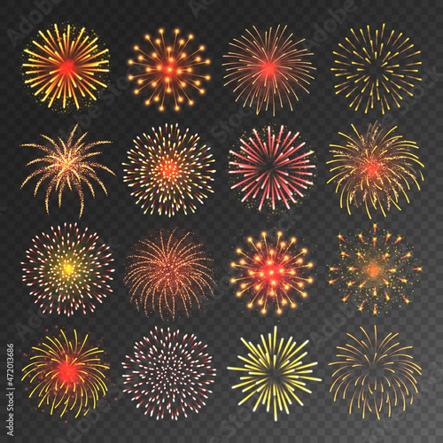 Colorful festive fireworks collection. Realistic yellow firework, sparkling fire burst. Bursting firecracker rockets. Christmas or New Year celebrating. Vector illustration.