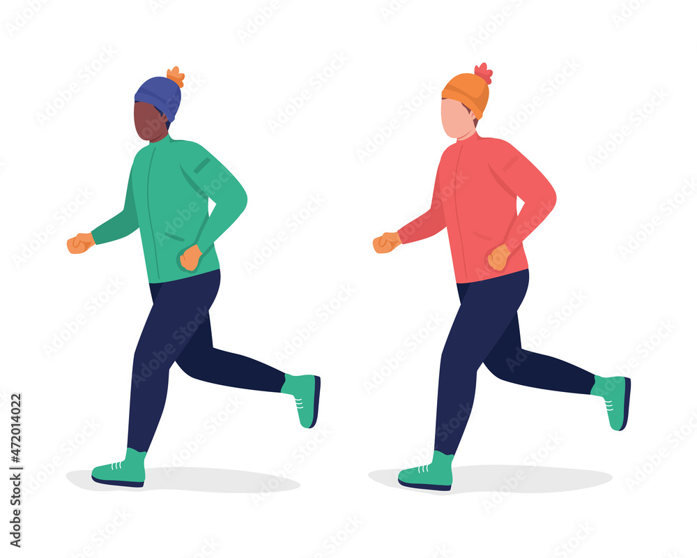 Obraz premium Men running in winter semi flat color vector character set. Posing figure. Full body people on white. Outdoor recreation isolated modern cartoon style illustration for graphic design and animation