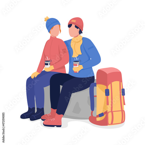 Couple rest on winter hike semi flat color vector character. Posing figure. Full body people on white. Outdoor recreation isolated modern cartoon style illustration for graphic design and animation