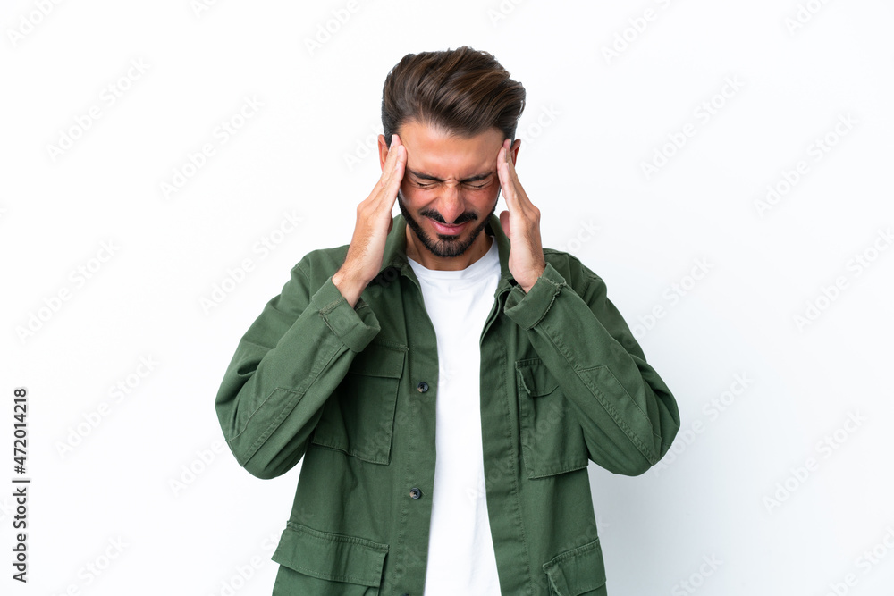 Young caucasian man isolated on white background with headache Young caucasian man isolated on white background with headache
