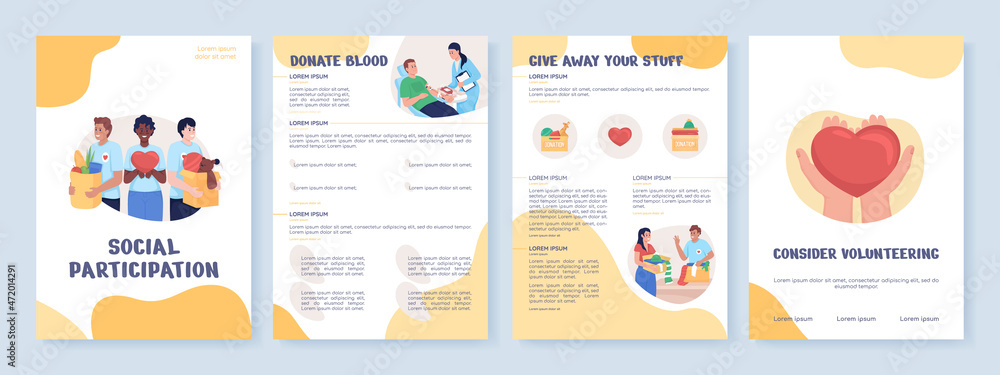 Social participation in charity flat vector brochure template. Flyer, booklet, printable leaflet design with flat illustrations. Magazine page, cartoon reports, infographic posters with text space