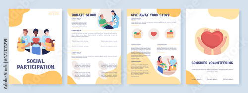Social participation in charity flat vector brochure template. Flyer, booklet, printable leaflet design with flat illustrations. Magazine page, cartoon reports, infographic posters with text space