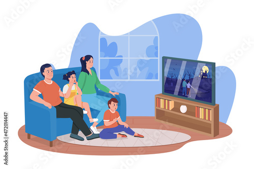 Watching horror movie with family 2D vector isolated illustration. Parents with kids sitting on couch together flat characters on cartoon background. Family bonding time colourful scene