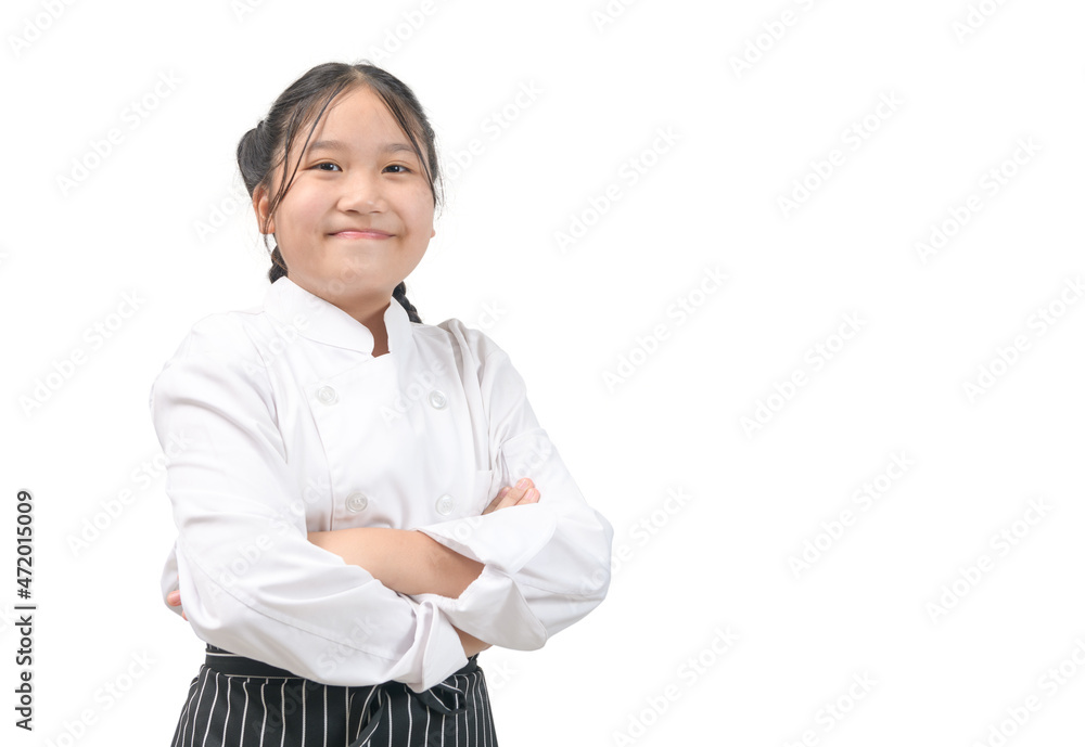 Portrait of Cute asian girl in chef uniform isolated on white background, Portrait of Cute asian girl in chef uniform isolated on white background,
