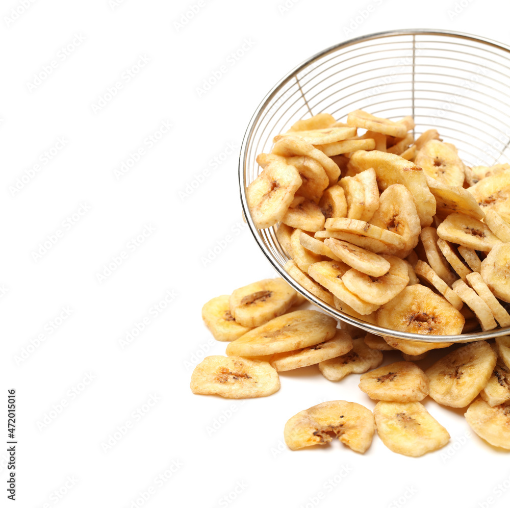 Banana chips on white background Banana chips on white background