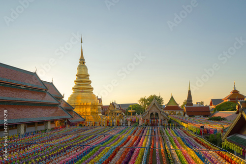 Colorful lanterns or lamps in travel trip and holidays vacation concept. Traditional festival in Harikulchai Temple  Lamphun  Thailand. Traditional ceremony in Asia. Celebration