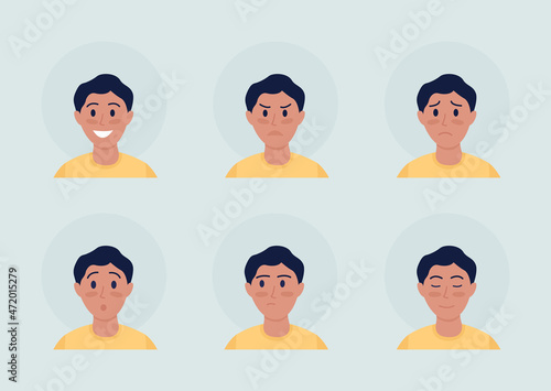 Boy with different emotions semi flat color vector character avatar set. Casual style. Portrait from front view. Isolated modern cartoon style illustration for graphic design and animation pack