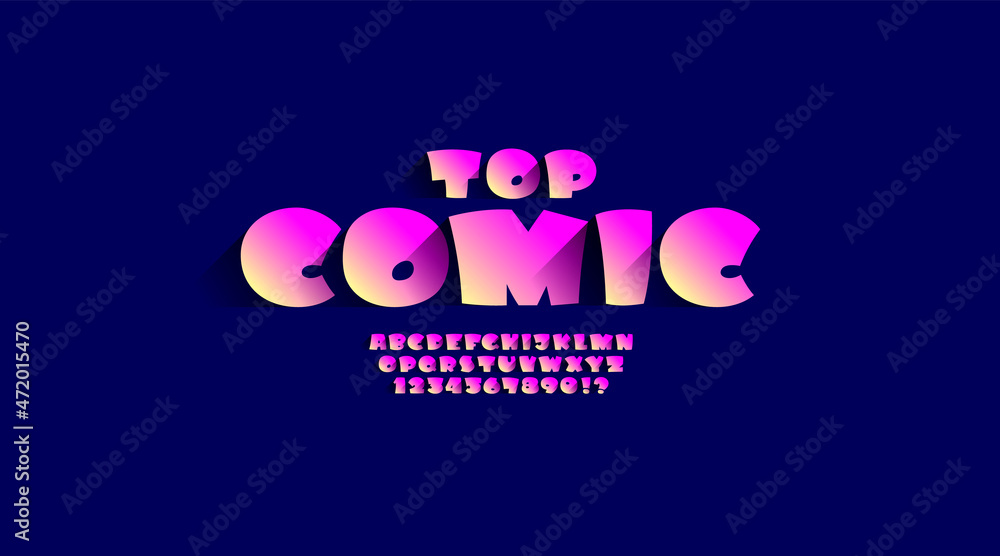 Rounded Font in the comics style, trendy cartoon pink alphabet, bold letters and numbers made in cute style whit shadow, vector illustration 10eps