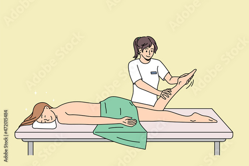 Smiling masseur make body massage to satisfied female client in spa. Calm happy woman relax on table in saloon have body care procedures. Relaxation day, healthcare concept. Flat vector illustration. 
