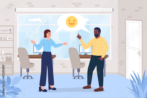 Happy coworkers conversation flat color vector illustration. Good communication skills in work team. Colleagues 2D cartoon characters with corporate workplace interior on background