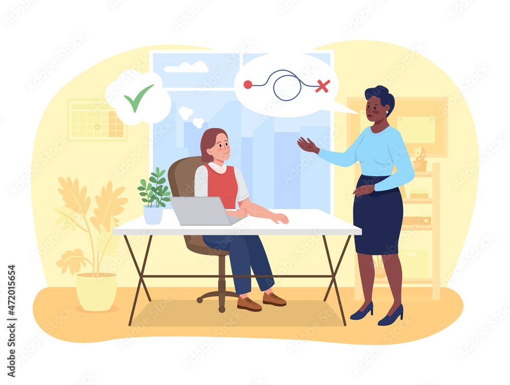 Set clear goal at work 2D vector isolated illustration. Boss explain strategy to manager. Happy coworkers flat characters on cartoon background. Corporate workplace colourful scene