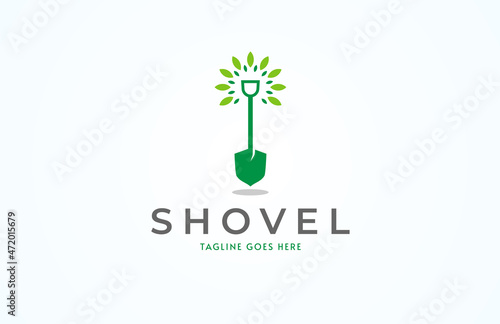 Shovel logo, simple shovel with green leaves combination, usable for gardening and business logo design, flat design logo template, vector illustration