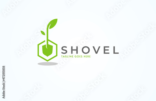 Shovel tree logo, shovel with green leaves combination, usable for gardening and business logo design, flat design logo template, vector illustration