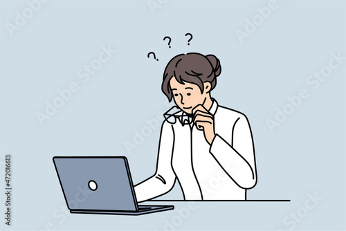 Businesswoman take off glasses look at screen shocked by unexpected news online on computer. Frustrated female employee surprised confused with laptop notification or notice. Vector illustration. 