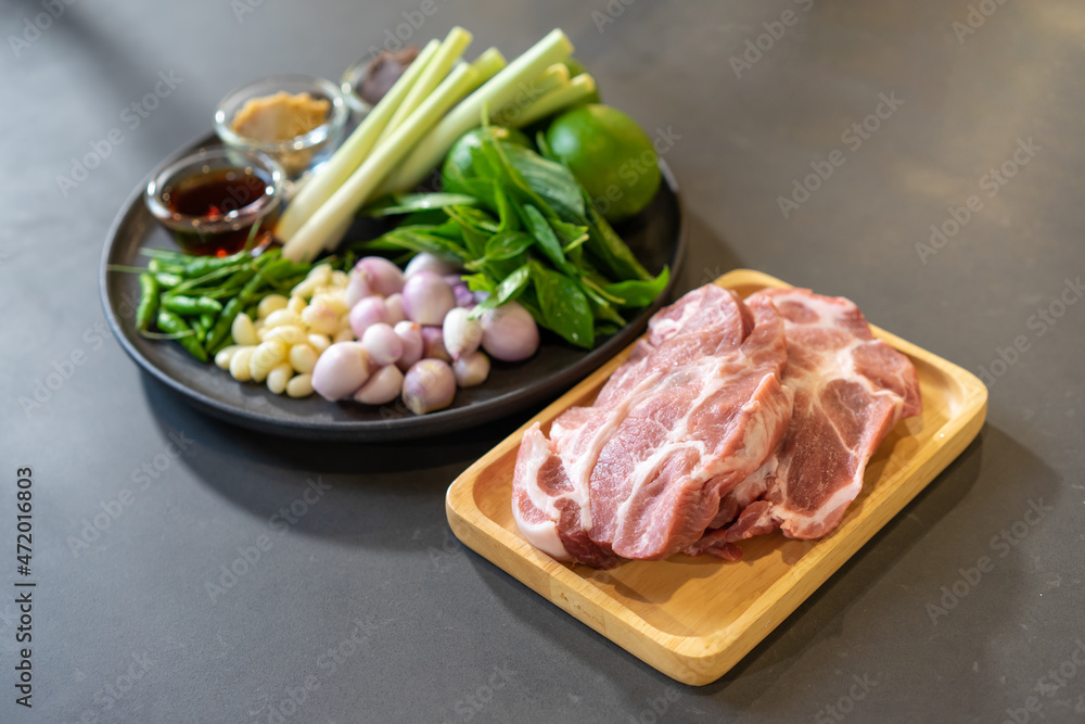 Raw Pork and herb ingredients, preparation for Cooking in Thai food menu. Raw Pork and herb ingredients, preparation for Cooking in Thai food menu.
