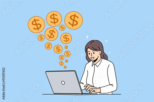 Happy successful businesswoman work online on laptop receive good financial income from web trading. Smiling woman freelancer get paid in internet, get dividend from investment. Vector illustration. 