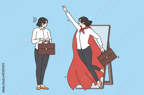 Business success and superpower concept. Young business woman with case standing looking at mirror and seeing hero super woman wearing red cape flying up vector illustration 