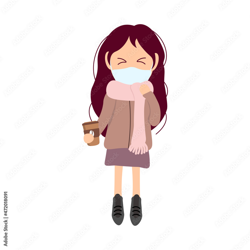 Girl in mask with coffee. Vector illustration in flat cartoon style Girl in mask with coffee. Vector illustration in flat cartoon style